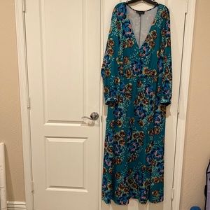 SALE!! Eloquii Green Floral Printed Faux Wrap Dress Belted V-neck Maxi (Size 28)